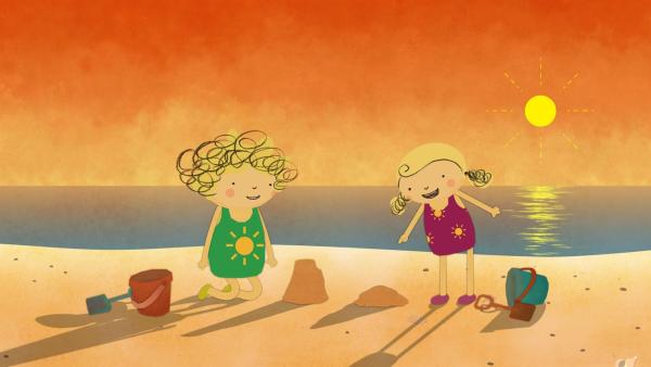 Nora und Nele sind am Strand, wo die Sonne langsam untergeht. | Rechte: KiKA/Geronimo Productions