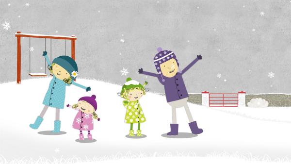 Mama, Nora, Nele und Papa freuen sich über den Schnee. | Rechte: KiKA/Geronimo Productions