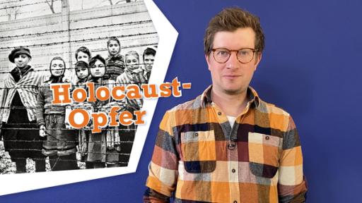 Reporter Robert vor blauem Hintergrund. Im Split s/w Foto von Kindern im Konzentrationslager. Eingeblendet Typo "Holocaust-Opfer".