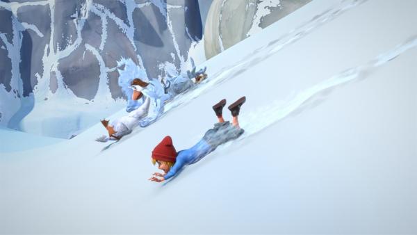 Flügelschön, Martin und Nils stürzen ab und schlittern direkt auf eine Gletscherspalte zu. | Rechte: BR/Studio 100 Animation/Studio 100 NV