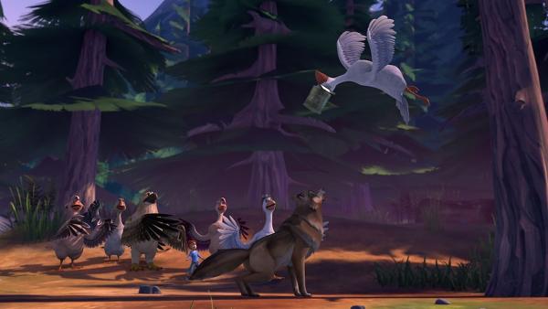 Ohne recht zu wissen, was er tut, schlägt Tristan einen Wolf in die Flucht. | Rechte: BR/Studio 100 Animation/Studio 100 NV