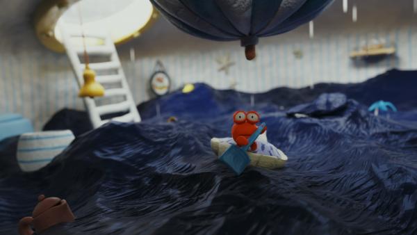 Nö-Nös Haus steht unter Wasser, die kleine Krabbe Karli versucht sich zu retten. | Rechte: hr/Autour de Minuit Productions