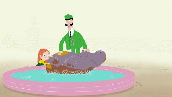Die Bürgermeisterin macht ihre Sauberkeitsprüfung im Zoo, aber die Flusspferde werden einfach nicht sauber. | Rechte: KiKA/Igloo Productions Ltd.