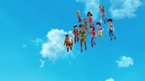 Peter Pan und die Verlorenen Kinder befinden sich hoch oben in den Lüften. | Rechte: ZDF/method Film/DQ Entertainment