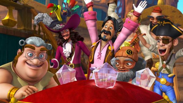 Mit Hilfe des Tukans, der am liebsten mit der Feder auf Captain Hooks Hut kuschelt, haben die Piraten schon drei der sieben Diamanten gefunden. | Rechte: ZDF/DQ Entertainment