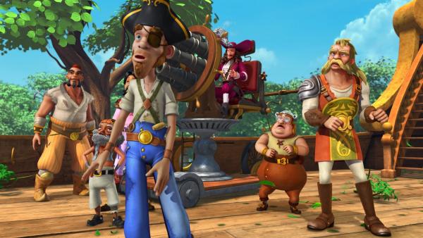 Die Piraten sind verblüfft, weil Peter Pan mutig auf sie zugeflogen kommt. Captain Hook will Peter abschießen, doch er weiß nicht, dass die Kinder ihm einen Streich gespielt und das Kanonenkatapult manipuliert haben. | Rechte: ZDF/DQ Entertainment