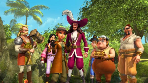 Sienna muss Hook und seiner Piratenmannschaft berichten, dass sie die Flasche mit dem Feenwasser im Gefecht mit Peter Pan und den Darling-Kindern verloren hat. | Rechte: ZDF/DQ Entertainment