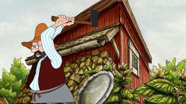 Pettersson (links) kümmert sich um seinen Hof und hackt Holz. | Rechte: ZDF