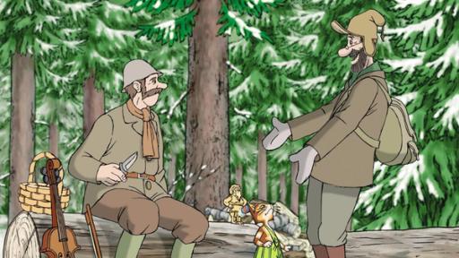 Alfred, Petterson und Findus stehen im verschneiten Wald. Petterson sieht glücklich aus, Alfred dagegen eher skeptisch.