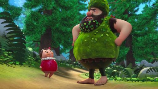 Törtchen und das Biest | Rechte: © 2021 - Method Animation - Palomar - ZDF - ZDF Enterprises Törtchen (links) steht vor einem seltsamen "Waldmonster" (rechts). Das Waldwesen sieht aus wie ein Mensch und hat einen Hut aus Moos und Ästen, Kleidung aus Moos und Blättern und Blätter im Bart. Es stämmt die Hände in die Hüften und schaut grimmig zu Törtchen runter.