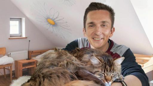 Moderator Eric Mayer lächelt in die Kamera. In seinen ineinander verschränkten Armen liegt eine Langhaar-Katze mit geschlossenen Augen und einem zufriedenen Gesichtsausdruck. Im Hintergrund ist ein Zimmer mit weißen Wänden und einem hölzernen Bett, einem Nachttisch, einem Stuhl und einem Schreibtisch zu sehen.