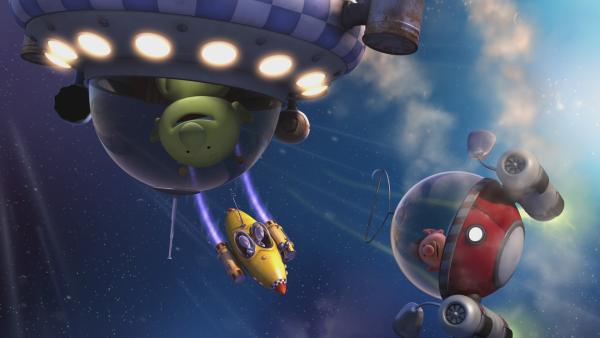 Pootle, Eddi und Oopsy fliegen in ihren Raumschiffen durch das Weltall. | Rechte: KiKA/Snapper Productions/Q Pootle 5 LTD