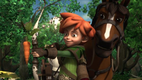 Mit einem Leckerbissen für das Zugpferd wird Robin Hood Prinz Johns Steuereintreiber schnell los. | Rechte: ZDF/Method Animation/DQ Entertainment/Fabrique d'images/ZDF Enterprises/De Agostini