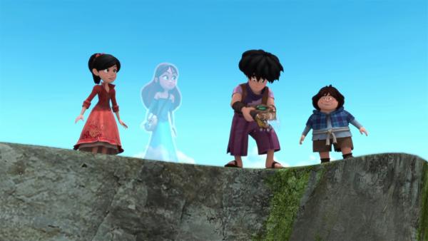 Little John (2.von rechts)  hat das Zauberbuch für Marian (2.von left) geholt. | Rechte: © ZDF/Method Animation/DQ Entertainment