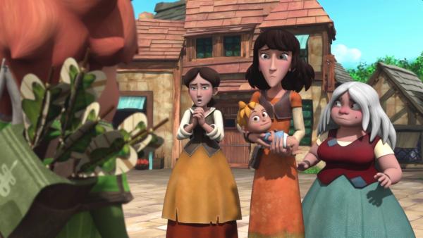 Die Dorfbewohnerinnen erzählen Robin von den seltsamen Dieben.  | Rechte: © ZDF/Method Animation/DQ Entertainment