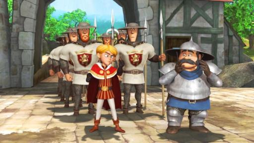 Prinz John (links im Vordergrund) zusammen mit dem Sheriff (rechts) und dahinter einige Soldaten kommen durch das Tor von Nottingham.