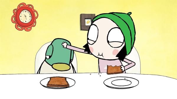 Sarah und Duck lieben es zu frühstücken, aber Duck hat verschlafen und sein Toast ist jetzt kalt. | Rechte: NDR/Karrot Entertainment 2016