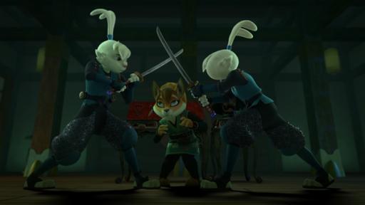 Rechte: ZDF/2022 Usagi Productions LLC. All Rights Reserved Usagi kämpft mit einem Schwert mit seinem Doppelgänger. Die Schwerter treffen sich in der Mitte. Unter den überkreuzten Schwertern steht Kitsune, die verängstigt nach oben zu den Schwertern guckt.