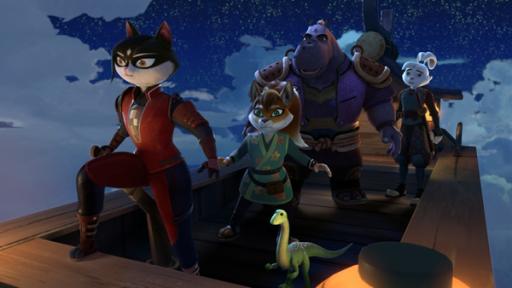 Rechte: ZDF/2022 Usagi Productions LLC. All Rights Reserved Auf einem bootähnlichen Fortbewegungsmittel stehen Chizu, Spot, Kitsune, Gen und Usagi. Chizu steht ganz vorne mit einem Bein auf der Stufe. Spot, Kitsune, Gen und Usagi gucken ängstlich.