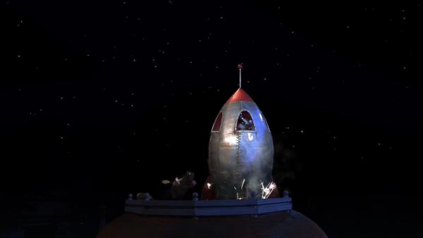 Sogar mit einer selbst gebauten Rakete versuchen Pferd und Wolle, den Mond wiederzufinden. | Rechte: NDR/Sesame Workshop
