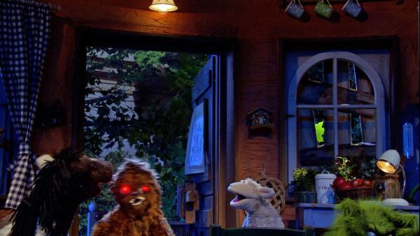 Finchen hat sich als Wombie verkleidet und erschreckt ihre Freunde. | Rechte: NDR/Sesame Workshop