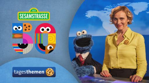 Teaserbild 50 Jahre Sesamstraße Tagesthemen special: Caren Miosga mit Krümelmonster im Studio