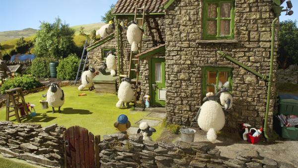 Für Shaun und Bitzer springen die Schafe auch mal als Fensterputzer ein. | Rechte: WDR/Aardman Animation Ltd./BBC