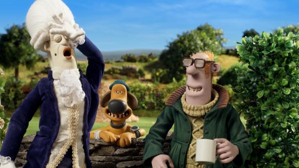 Auf dem Hof wird ein Kostümfilm gedreht. Bitzer und der Farmer haben ihren Spaß dabei. | Rechte: WDR/BBC/Animation Ltd