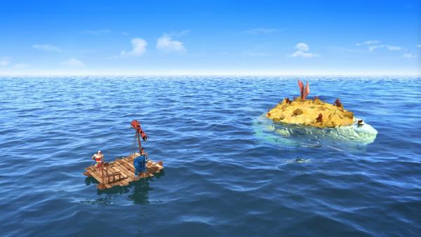 Unsere schiffbrüchigen Helden treffen auf eine schwimmende Insel. | Rechte: rbb/Hahn Film AG/Chocolate Liberation Front Pty Ltd/Toonz Entertainment Pte Ltd