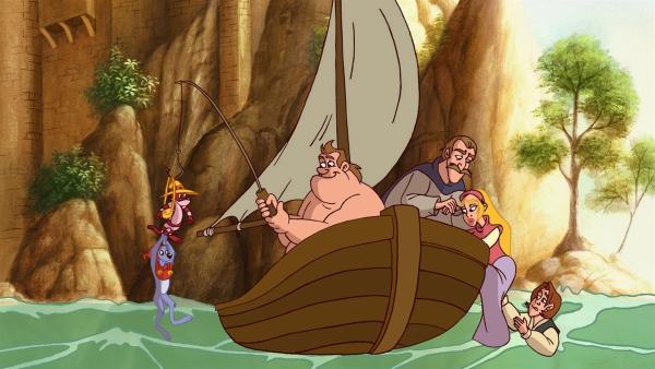 Die Brüder fliehen mit Yoyo und Doc Croc, nachdem sie die Prinzessin gerettet haben. | Rechte: NDR/Greenlight Media AG