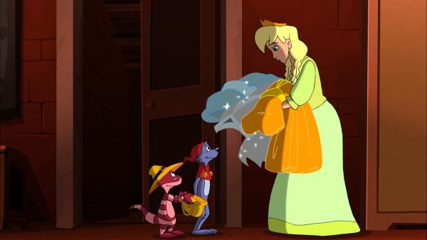 Prinzessin Emily zeigt die drei besonderen Kleider Yoyo und Doc Croc | Rechte: NDR/Greenlight Media AG