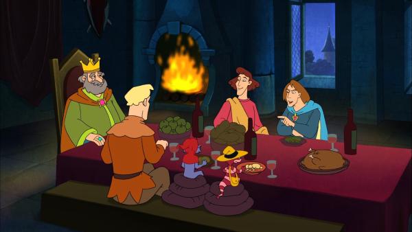 Der König sitzt mit seinen drei Söhnen und Yoyo und Doc Croc am Tisch. | Rechte: NDR/Greenlight Media AG