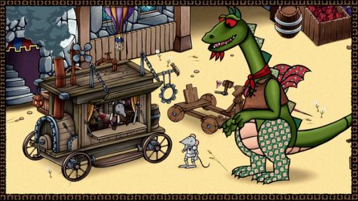 Ein Drachen und eine Maus stehen vor einem Holzauto für Mäuse