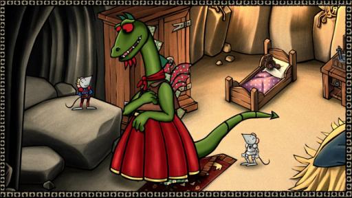 Ein Drache in Frauenkleidern im Schlafzimmer, dahinter eine Maus. | Rechte: SWR, SWR Ein Drache in Frauenkleidern im Schlafzimmer, dahinter eine Maus.