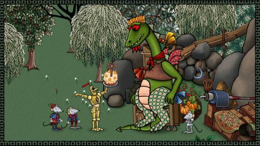 Mäuse und ein Ritter reichen einem Drachen eine Geburtstagstorte