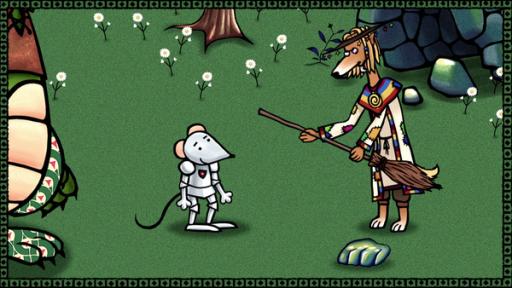 Sir Witch reicht Sir Mouse seinen Besen auf einer Wiese