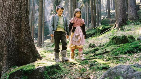 Hänsel (Johann Storm) und Gretel (Nastassja Hahn) irren durch den Wald. Die Brotkrumen, die Hänsel als Wegmarker ausgestreut hatte, haben die Vögel aufgepickt. | Rechte: ZDF
