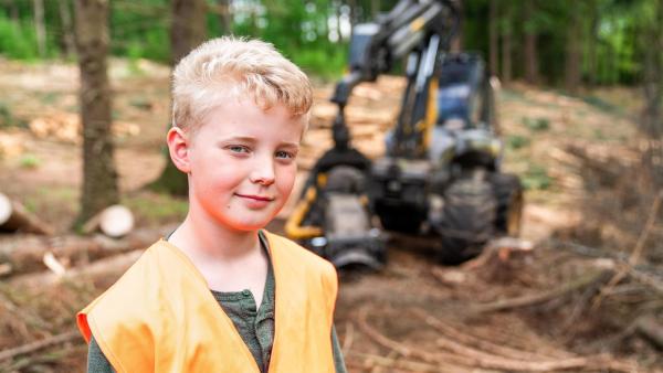 Mika ist der Sohn eines Försters und darf die Waldarbeiter begleiten. Mit großen Maschinen fällen sie abgestorbene Bäume und zerkleinern sie. | Rechte: ZDF/Florian Lippke
