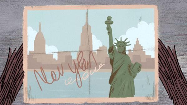 Stinki erhält eine Postkarte aus Amerika. | Rechte: SWR/Dandelooo