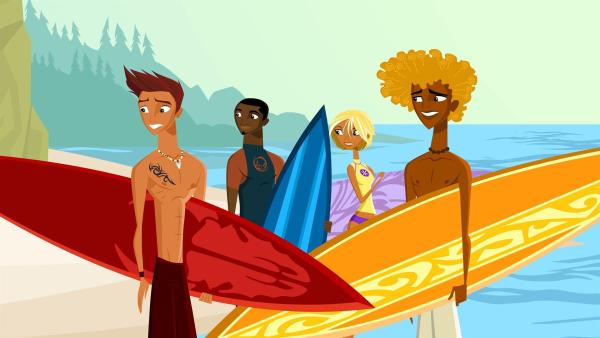Reef, Johnny, Fin und Broseph (v.li.n.re.) vor einer Surf-Session | Rechte: KiKA/Fresh TV/Cake Entertainment