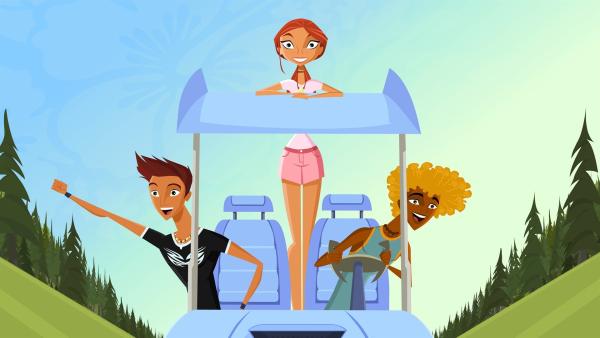 Reef, Emma und Broseph machen einen Ausflug in die Stadt, in Bummers geliebtem Golfwagen. | Rechte: KiKA/FreshTV/Cake Entertainment