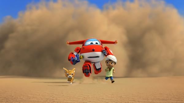 Jett und Ali flüchten vor dem Sandsturm. | Rechte: KiKA/FunnyFlux/QianQi/EBS/CJ E&M