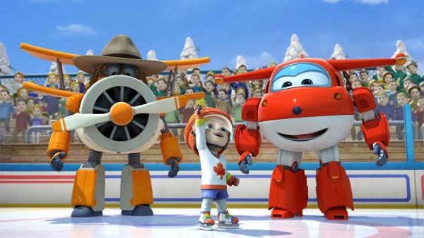 Onkel Albert und Jett feiern mit Drew den Sieg des Hockeyteams. | Rechte: KiKA/FunnyFlux/QianQi/EBS/CJ E&M
