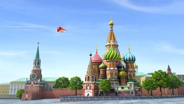 Jett auf dem Weg zum Zirkus. Er fliegt über den Roten Platz in Moskau. | Rechte: KiKA/FunnyFlux/QianQi/EBS/CJ E&M