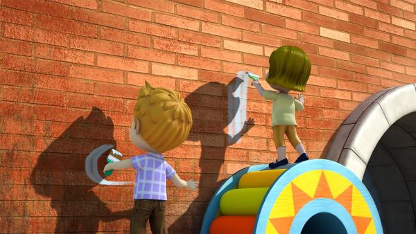 Gemeinsam bemalen die Kinder die Wand. | Rechte: KiKA/FunnyFlux/QianQi/EBS/CJ E&M