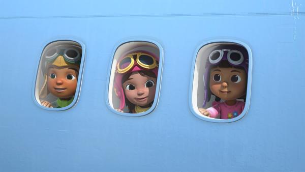 Die Kinder fliegen das erste Mal in einem Flugzeug. | Rechte: KiKA/FunnyFlux/QianQi/EBS/CJ E&M
