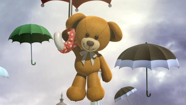 Teddy Spencer schwebt an seinem Schirm herab. | Rechte: KiKA/FunnyFlux/QianQi/EBS/CJ E&M