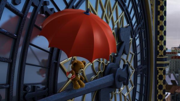 Der Teddybär ist am Regenschirm davongeschwebt. | Rechte: KiKA/FunnyFlux/QianQi/EBS/CJ E&M