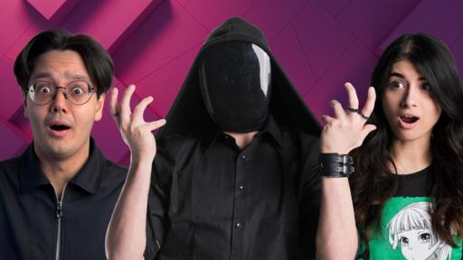 Mahluna vs. Drawinglikeasir | Rechte: ZDF / Flow Tanoshii: Raafey und Mahluna stehen mit erstaunten Gesicchtern und weit aufgerissenen Augen im Studio, in der Mitte steht eine Person mit schwarzer Kapuze und einer dunkleen Gesichtsmaske.
