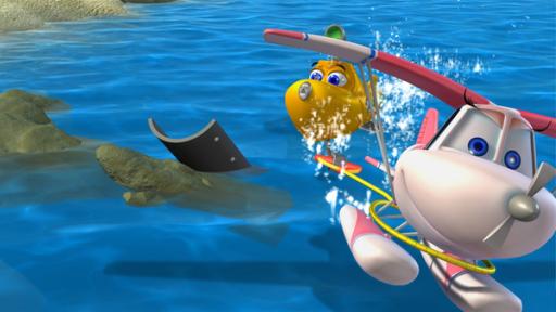 Rechte: KiKA/Mike Young Prod. Das Wasserflugzeug Suzie fliegt übermütig knapp über der Wasseroberfläche. Dahinter schaut U-Boot Timmy aus dem Wasser.